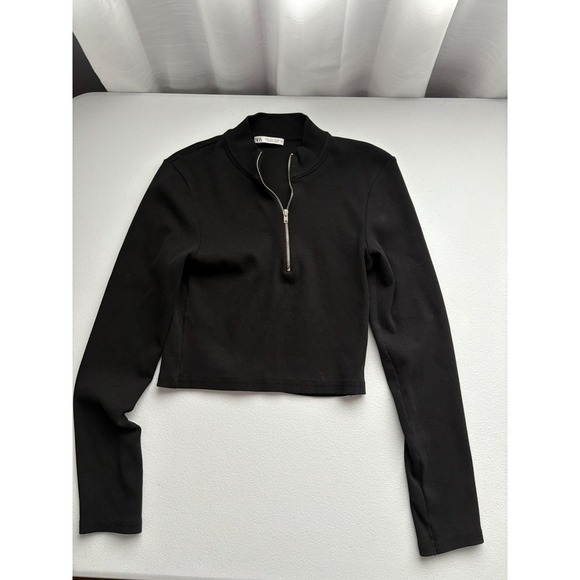 Zara Tops - Zara Black Ribbed Knit Half Zip Long Sleeve Crop Top Women's‎
